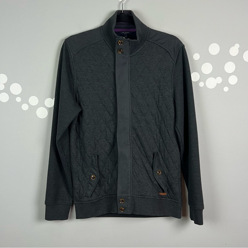 Ted Baker London Quilted Bomber Jacket Size 3 Diamond Quilt Dark Gray